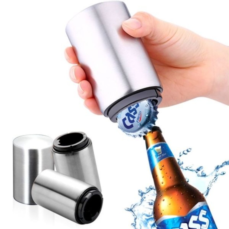 Wine Beer Spirits - ステンレス製自動ビールボトルオープナー、曲がらないプッシュダウンキャップ - ビールやソーダのガラス瓶用の簡単なオープナー、キッチンオープナー