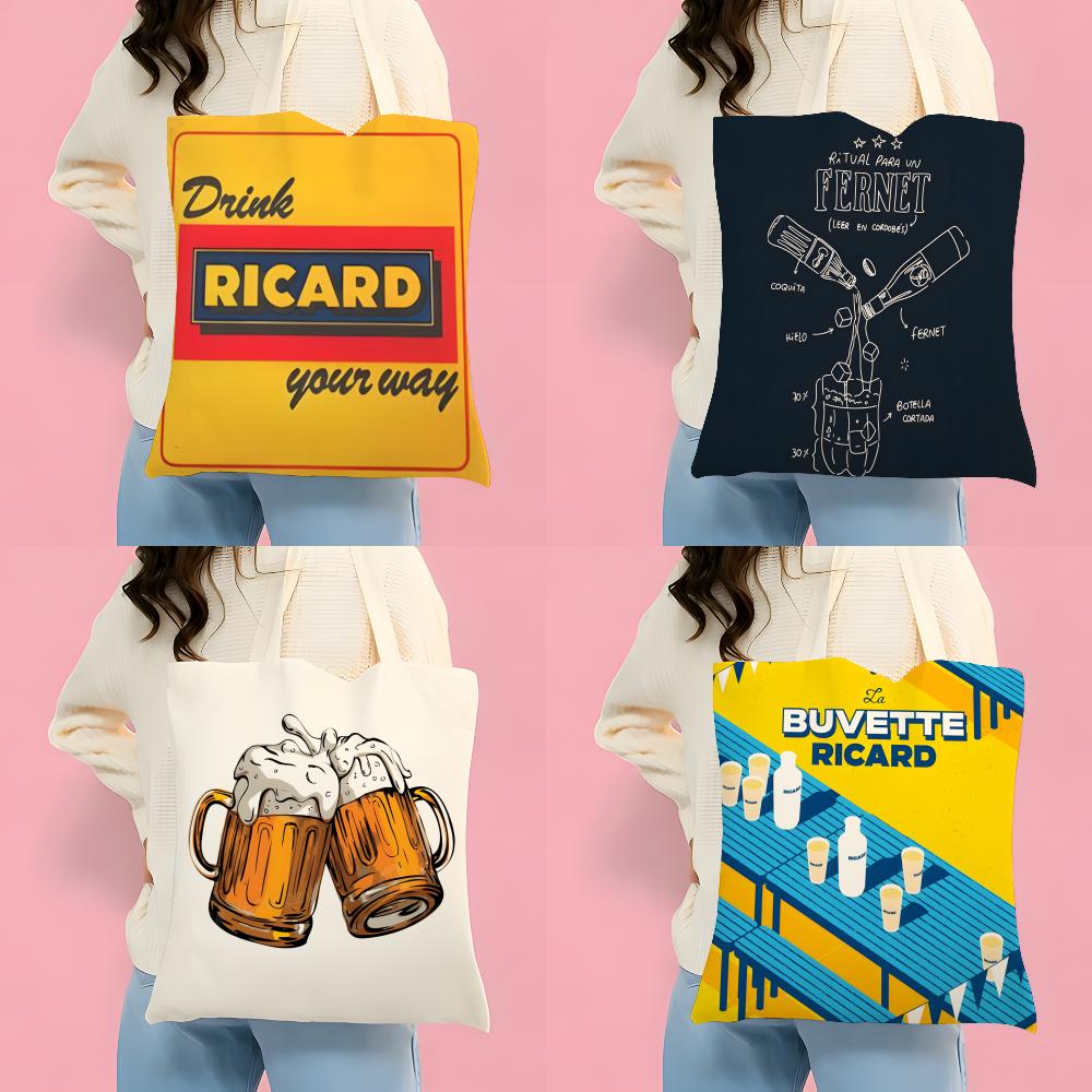 Wine Beer Type - 収納バッグ 両面プリントキャンバストートバッグ 環境に優しい再利用可能なハンドバッグ レトロクラシックワイン R-Ricard ビール