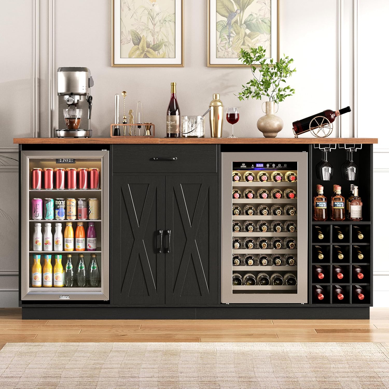 Wine Beer Refrigerator - 78.74インチ大型コーヒーバーキャビネット（冷蔵庫スペース付き）、ミニ冷蔵庫キャビネット（収納付き）、ワインラック付きリキュールキャビネット、カスタムメイド