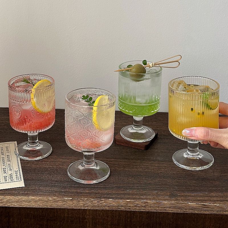 Wine Beer Mix - 4 個セットヴィンテージエンボス加工混合パターンワイングラス、ワインジュースドリンクカップ、パーティーウェディングホームガラスカップゴブレット