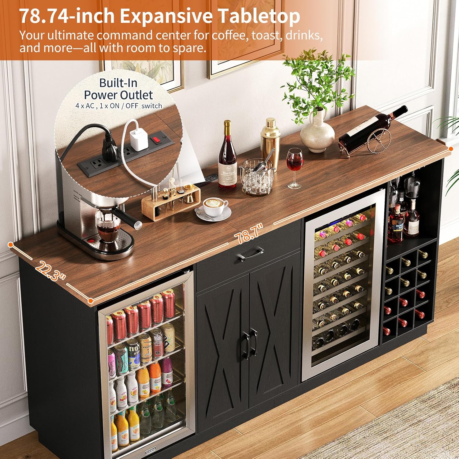 78.74インチ大型コーヒーバーキャビネット（冷蔵庫スペース - Wine Beer Refrigerator のレビューと価格